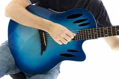 吉他手蓝色的电声吉他白色背气