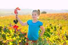 孩子女孩秋天葡萄园场持有红色的葡萄群