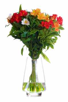 美丽的彩色花玻璃花瓶孤立的白色