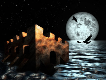 城堡海晚上天空月亮背景