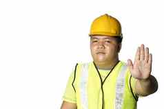亚洲建设工人停止手信号白色背景