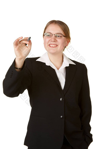 年轻的业务女人标记孤立的白色