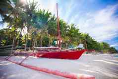 菲律宾红色的船白色沙子海滩长滩岛岛菲律宾