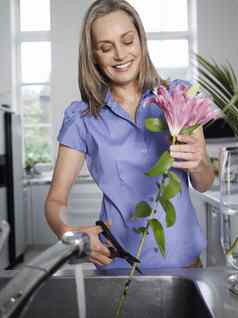 中年人女人冲洗切割花厨房水槽