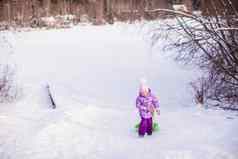 女孩拉雪橇温暖的冬天一天
