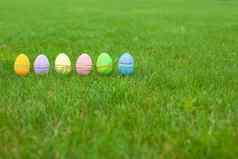 多色的复活节鸡蛋绿色草
