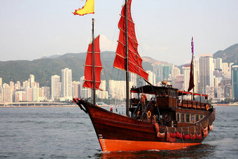 传统的中国人船维多利亚港口在香港香港