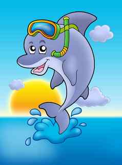 海豚通气管潜水员日落