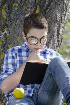 年轻的男孩阅读书森林浅深度忠诚