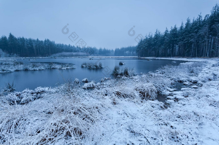 冬季雪景湖面倒影静谧自然风光