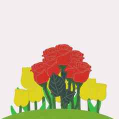 红色的玫瑰绿色草场针风格织物使用