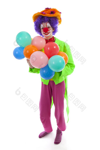 孩子穿着色彩斑斓的有趣的小丑气球