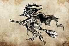 女巫扫帚纹身草图手工制作的设计古董