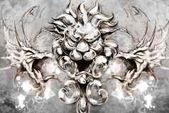 狮子头纹身设计灰色背景变形背景