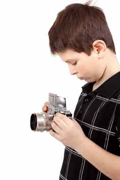 年轻的男孩古董模拟单反相机