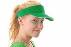 年轻的美丽的金发碧眼的女人绿色帽