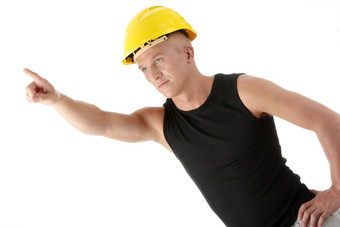 构建器黄色的头盔指出