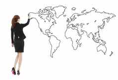 业务女人站画全球地图