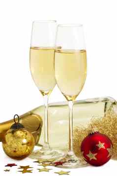 眼镜香槟天使头发红色的金圣诞节球前面香槟瓶
