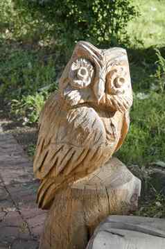 木雕刻猫头鹰夏天花园