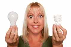 女人持有能源储蓄常规的光灯泡