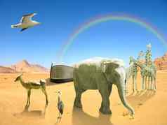 弧诺亚大象鸟长颈鹿沙漠彩虹
