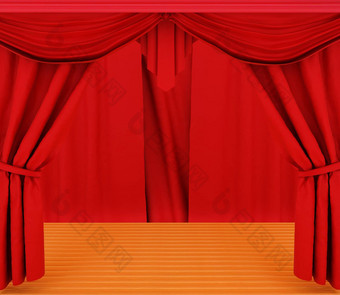 红色的窗帘木场景地板上