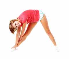 年轻的健身女人红色的衬衫伸展运动孤立的白色