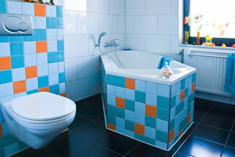 色彩斑斓的白色蓝色的浴室黑色的地板上
