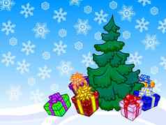 插图圣诞节树现在盒子雪