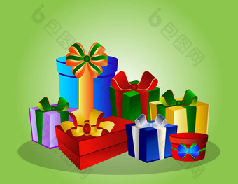 色彩斑斓的礼物盒子绿色背景