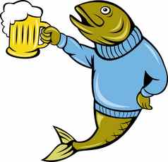鳟鱼鱼持有啤酒杯子