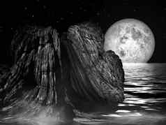 月光照耀的晚上海岩石景观