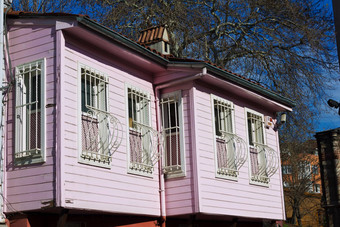色彩斑斓的街场景狭窄的房子画历史房子伊斯坦布尔法蒂<strong>奇</strong>