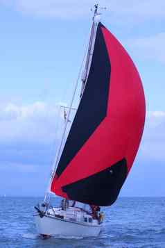 游艇帆航行帆船帆红色的黑色的大三角帆巡航