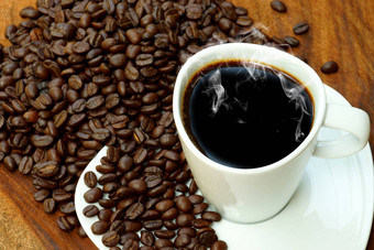 咖啡杯豆子木背景