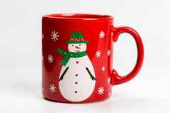 红色的圣诞节茶杯子雪人白色