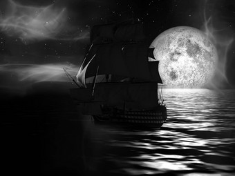 帆船月光照耀的晚上