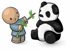 中国人男人。喂养熊猫竹子
