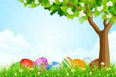 绿色树背景复活节鸡蛋