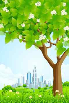 绿色背景树现代城市