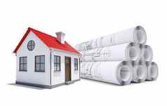 小模型房子红色的屋顶卷轴建筑图纸