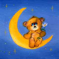 小棕色（的）泰迪熊坐着月亮