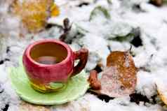 杯茶背景白雪覆盖的叶子