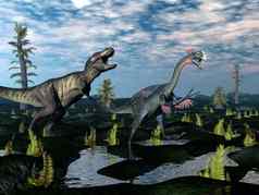 暴龙雷克斯攻击gigantoraptor恐龙渲染