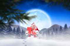 复合图像圣诞老人携带礼物雪