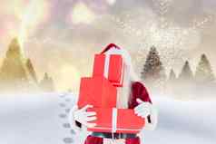 复合图像圣诞老人携带礼物雪