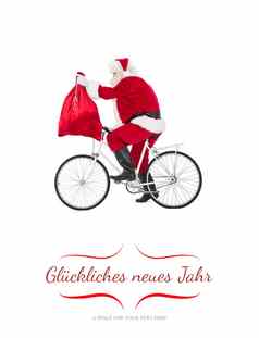 复合图像圣诞老人骑自行车持有袋