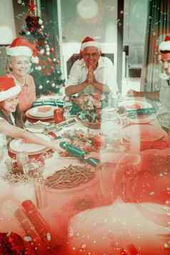 复合图像快乐的家庭餐厅表格圣诞节晚餐