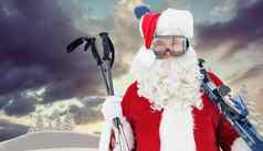 复合图像快乐圣诞老人摆姿势滑雪滑雪波兰人